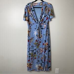 Mango Blue Floral Bumblebee V-Neck Tie Front Maxi Dress Size 6/Medium *FLAWED*